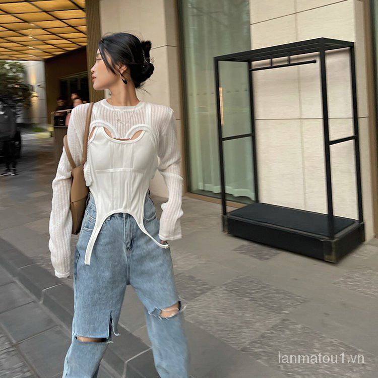 Irregular Long Sleeve Sun Protective Blouse Women2021Summer New Design Sense Minority All-Match round Neck Thin Air Conditioning Shirt【15Shipped Within Days】