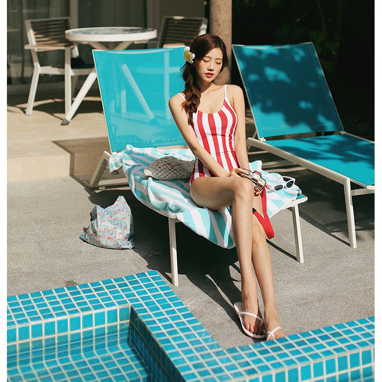 [Hàng Nhập] Bikini liền thân Style Retro Hàn quốc, che bụng, sọc đỏ trắng #142-2