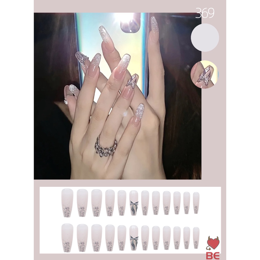 YADORNOS 24 Móng tay giả dáng dài đính kim tuyến thời trang sành điệu cho nữ