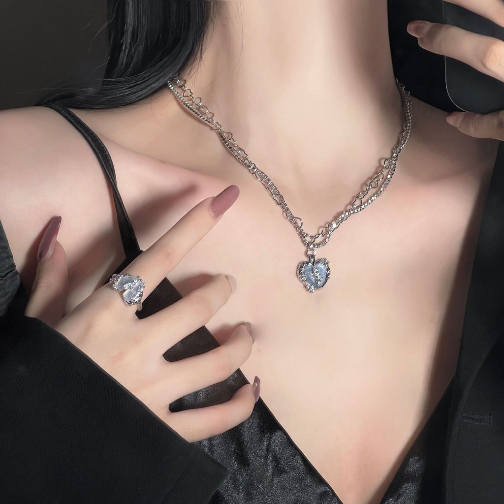 Bộ Nữ Trang Dây Chuyền Khuyên Tai Vòng Cổ Mặt Trái Tim Tách Đôi Màu Xanh Dương