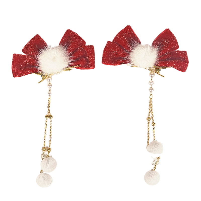 Kẹp Tóc Tua Rua Đính Bóng Lông Nhung Màu Đỏ Mừng Năm Mới