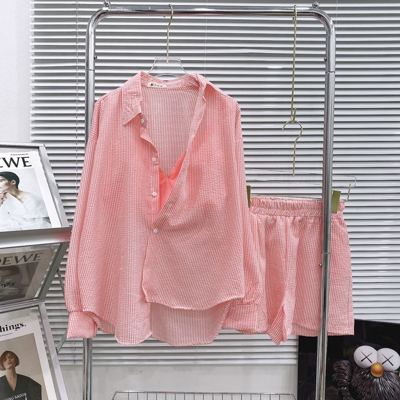 Set bộ sơ mi kẻ xốp kèm áo bra/ set 3 món ALOHASHOP91