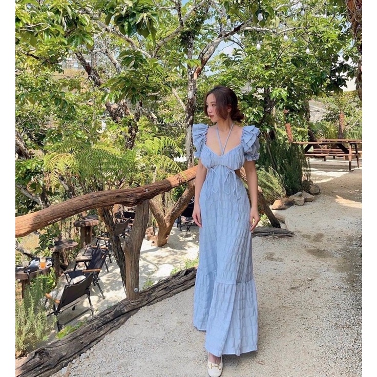 Đầm dài xanh cutout lưng viền bèo | BigBuy360 - bigbuy360.vn