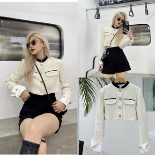 Áo dạ ngắn nữ ms.1609 áo dạ dáng crotop cổ tàu đính cúc đồng chất dạ tweed hai lớp kèm hình thật
