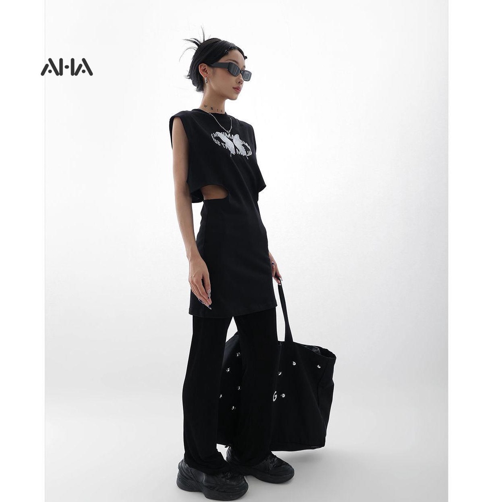 Túi xách AHA official canvas cỡ lớn đính hạt tròn in họa tiết dễ thương