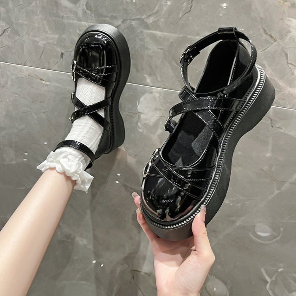 Giày MWC 2272 - Giày Lolita Da Bóng Đế Cao, Giày Mary Jane Ulzzang Mũi Tròn 5cm Phối Khóa Nữ Tính