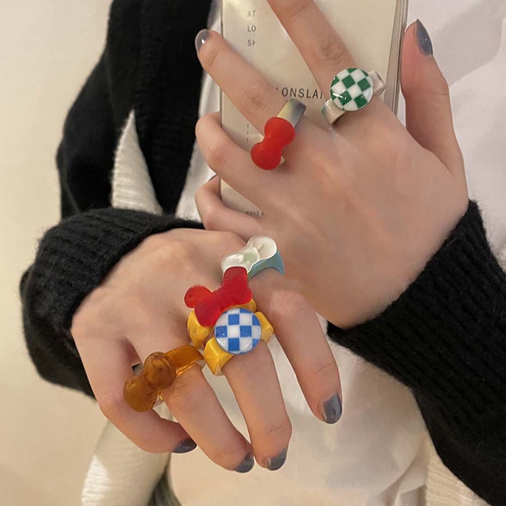 Nhẫn đeo tay bằng nhựa resin trong suốt họa tiết sọc caro phong cách Hàn Quốc cổ điển cho nữ