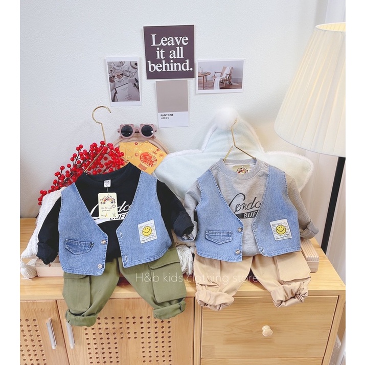 Set áo tay dài da cá, phối gi lê giả jeans, quần kaki túi hộp, phong cách Hàn Quốc cho bé