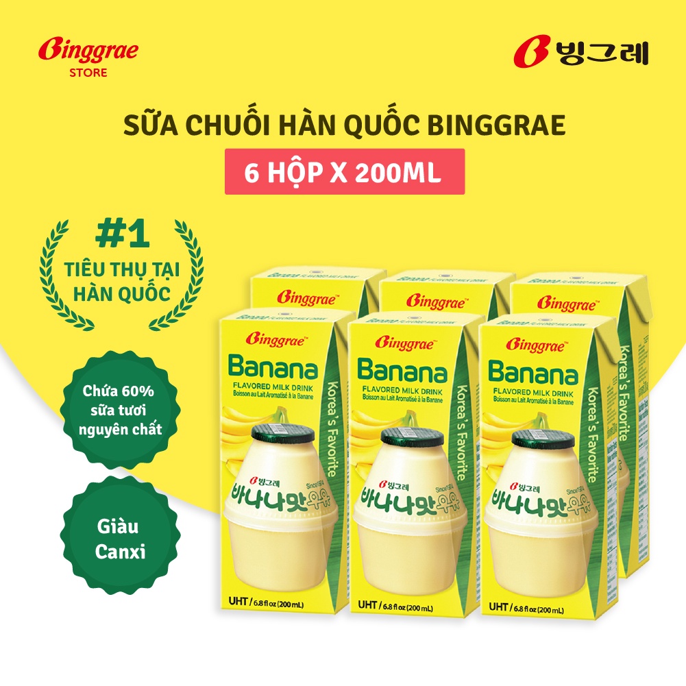 Lốc Sữa Chuối Hàn Quốc Binggrae Banana Milk (200ml x 6 hộp)