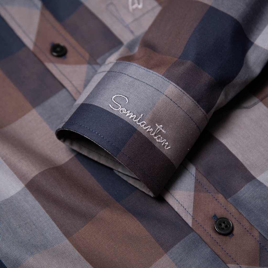Áo Sơ Mi Nam Công Sở Trung Niên Anton Somianton Màu Nâu Đậm Dài Tay Họa Tiết Kẻ Caro Vải Cotton - YAC128
