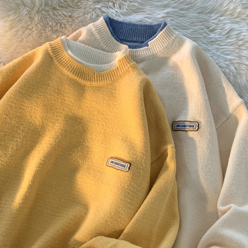 Áo Sweater Dệt Kim Cổ Tròn Giả Hai Lớp Màu Trơn Thời Trang Thu Đông Cho Nam
