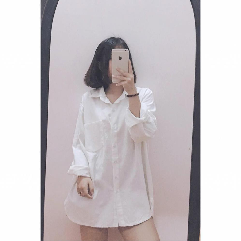 Áo SƠ MI DÀI TAY Trơn Unisex Nam Nữ Trắng và Đen - Sơ mi Dáng CÓ TÚI Đuôi tôm Leevin Store  ༷