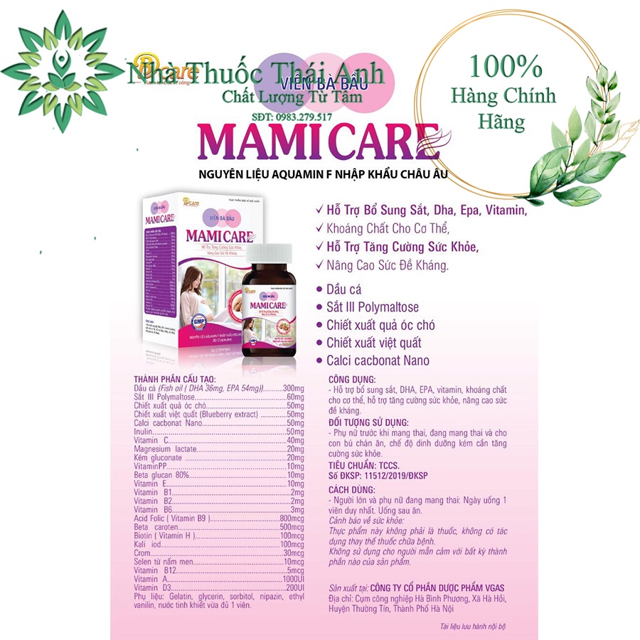 VIÊN BÀ BẦU MAMI CARE Hộp 30 Viên - TĂNG CƯỜNG SỨC KHOẺ, BỔ SUNG VITAMIN VÀ KHOÁNG CHẤT CHO BÀ BẦU ( NLNK CHÂU ÂU)