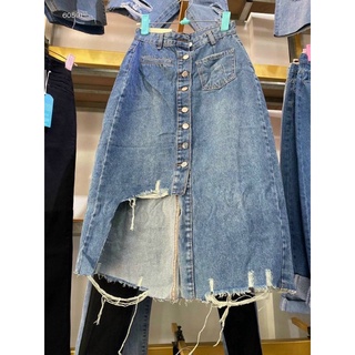 CHÂN VÁY JEANS RÁCH PHỐI NÚT