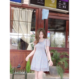 Đầm hoa xanh voan 2 lớp tay ngắn cổ vuông dáng xòe-hình thật shop chụp
