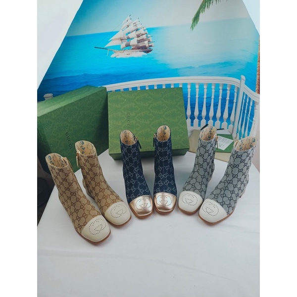 Bốt thời trang nữ cổ thấp đế bằng mũi vuông thương hiệu Gucci GC chất liệu da thật phối vải cao cấp