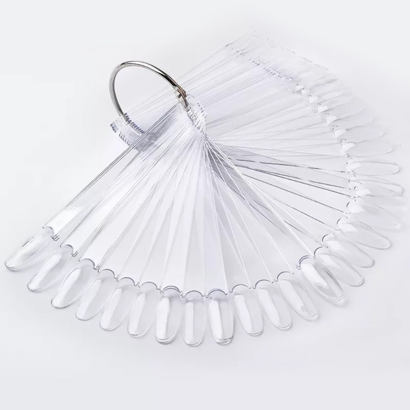 Set 50 Móng Tay Giả Hình Quạt Nhiều Màu Sắc Trưng Bày Kèm Nhẫn Kim Loại