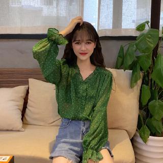 Áo Sơ Mi Voan Hoa Tay Loe Cổ Chữ V Dáng Rộng Trẻ Trung Thanh Lịch Dành Cho Nữ