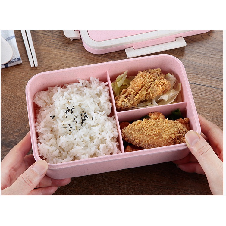 Hộp cơm 3 NGĂN kèm Thìa và Đũa tiện lợi cho gia đình (20x7x13cm)