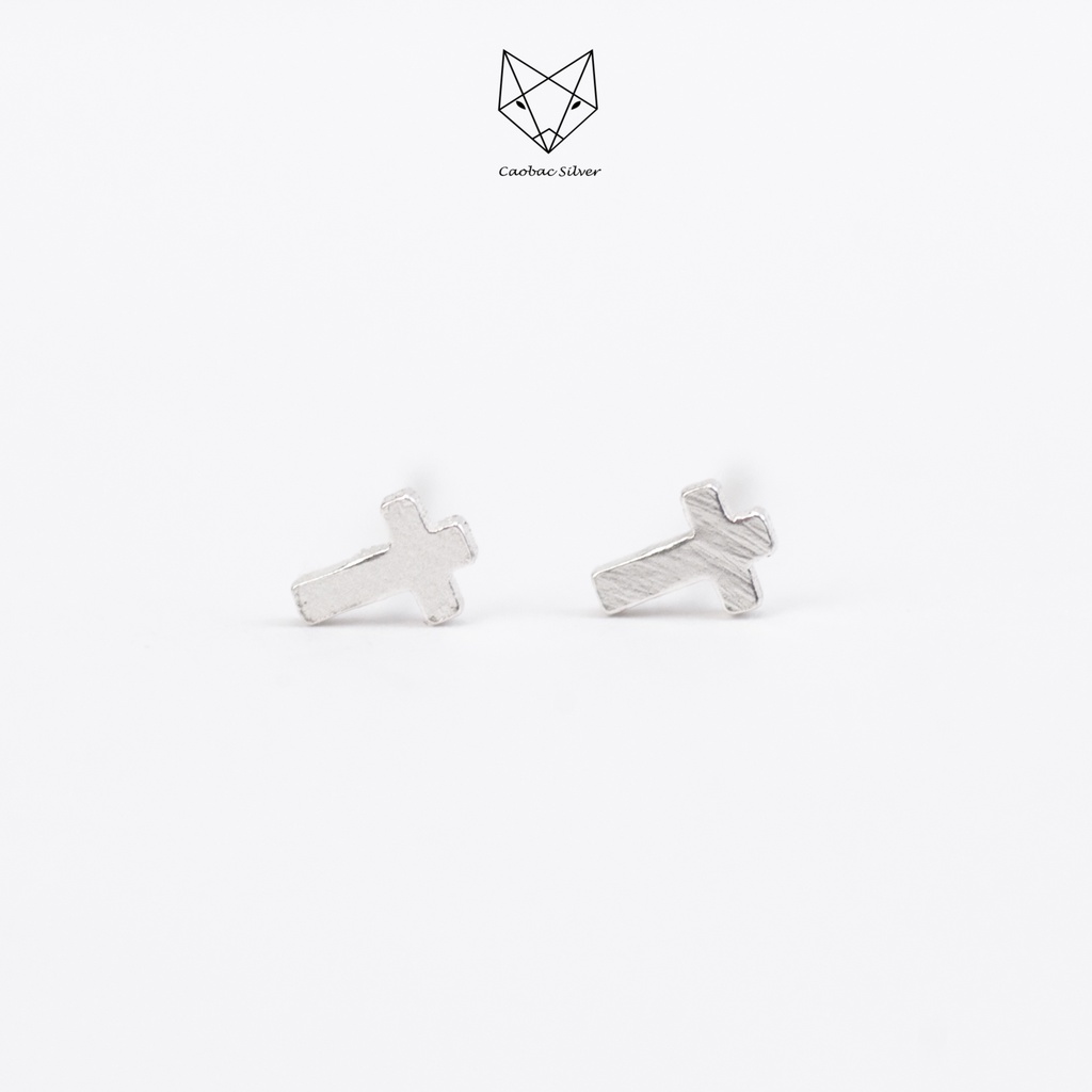 Khuyên Bạc Ta Cao Cấp CaoBac Silver Họa Tiết Chữ Thập Nhỏ Dễ Thương Thời Trang Phụ Kiện Trang Sức Unisex Cá Tính
