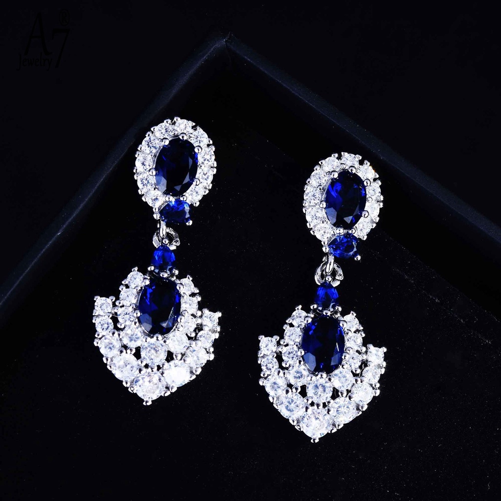 Bộ Vòng cổ + bông tai mạ bạc 925 đính đá sapphire nhiều màu thời trang cho nữ