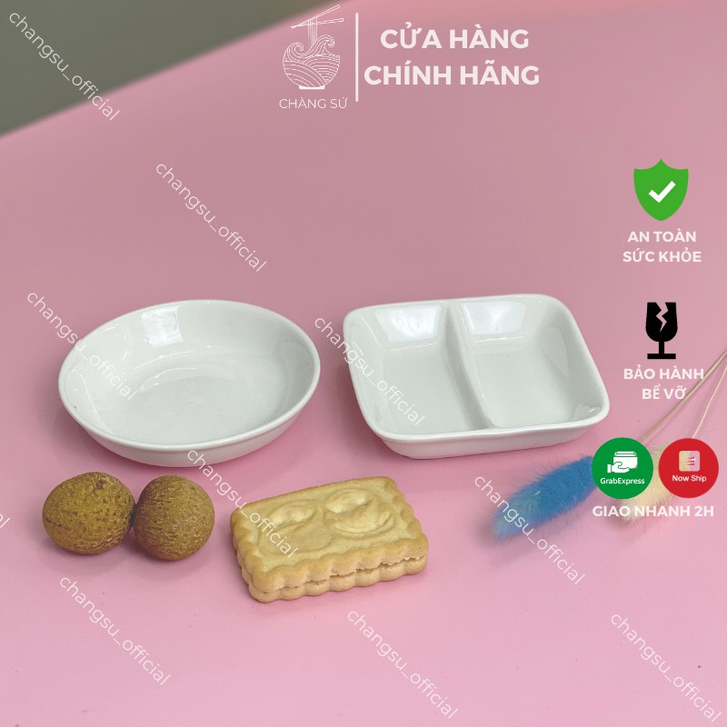 Đĩa chấm 2 ngăn trắng trơn đựng gia vị, tương cà, muối tiêu, xì dầu, nước mắm - Chén gia vị chia ngăn sứ Minh Châu