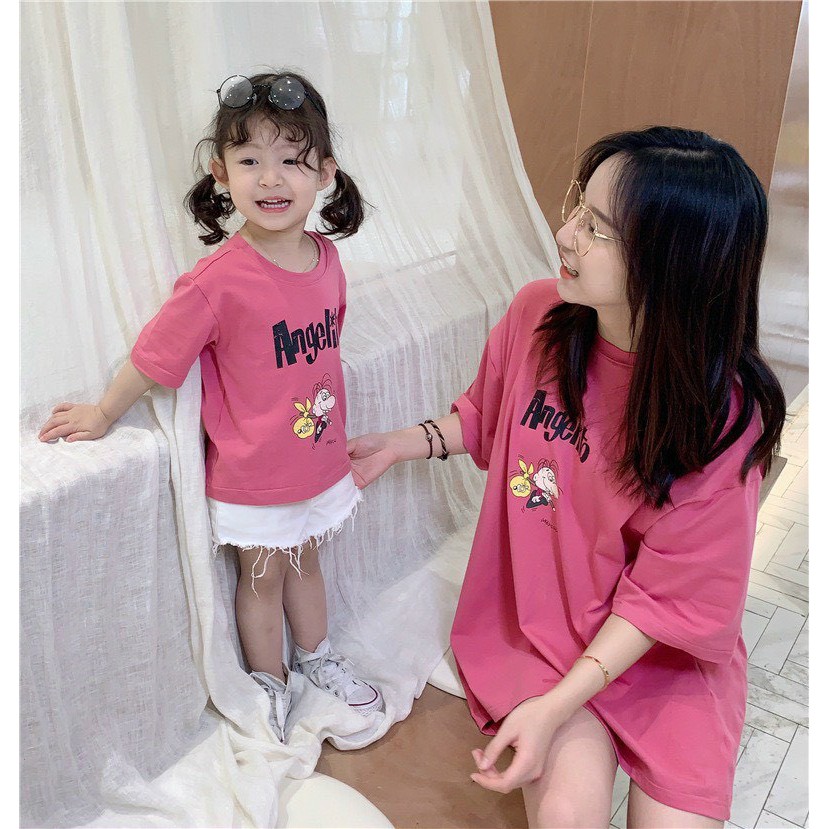 Set áo đôi mẹ bé Anglelilo áo cotton màu hồng co giãn 4 chiều Mẫu mới 2023