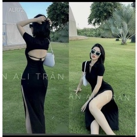 Siêu hot đầm cổ bẻ chất thun gân hở lưng sau cột dây k có mút klng