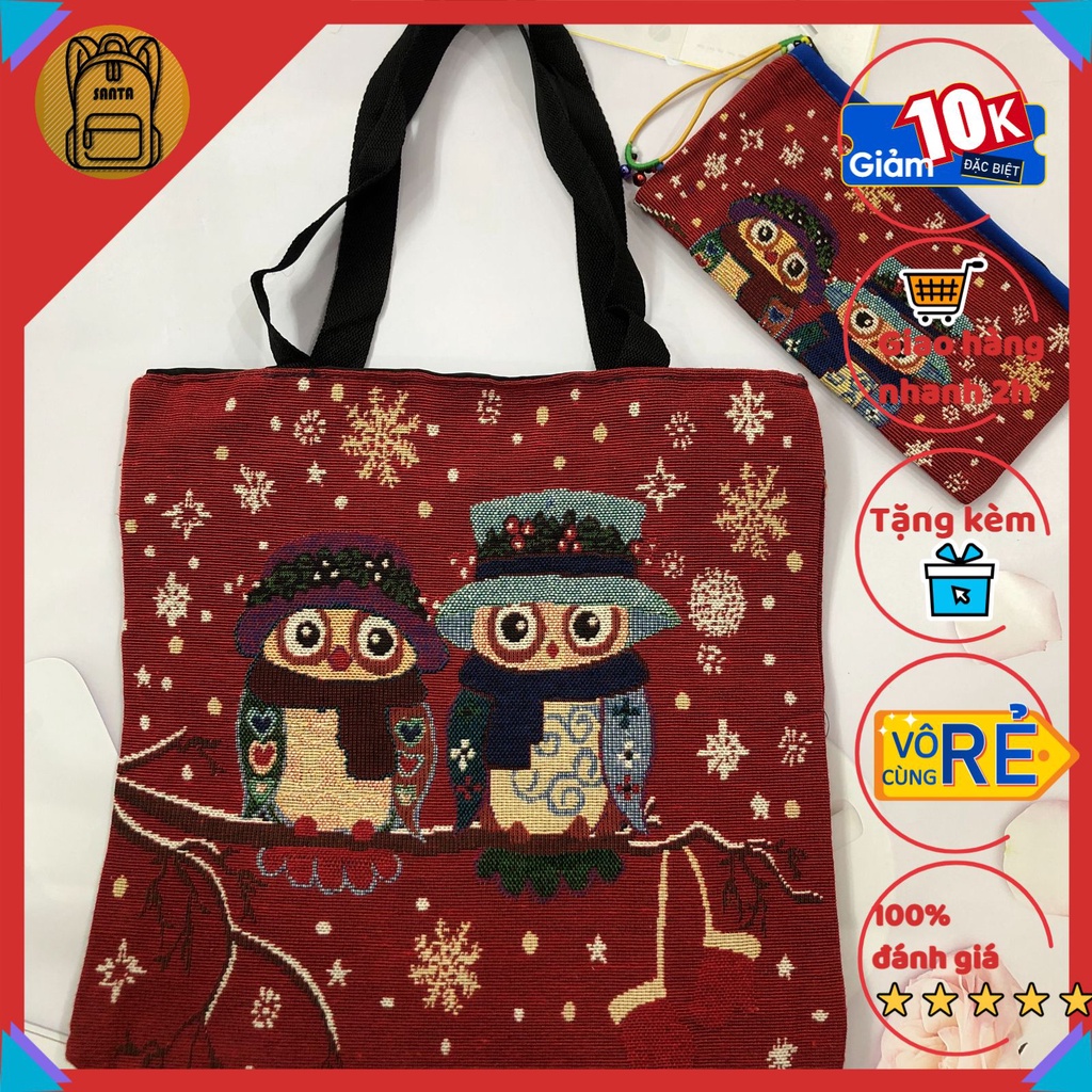 Túi thổ cẩm tote đeo vai Set kèm ví nữ hình cú, hoa văn thời trang giá rẻ, vải canvas màu sắc Vintage giá rẻ SANTA STORE