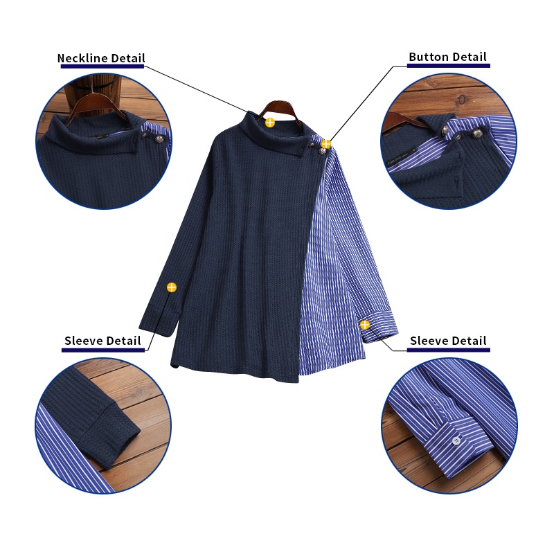 Áo kiểu ZANZEA cổ lọ phối họa tiết kẻ sọc thời trang cho nữ