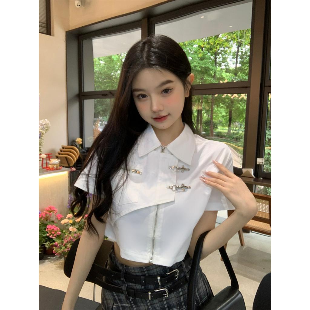 Áo sơ mi croptop Khóa Kim Loại  Zipper ,, Áo Ngắn Áo Sơ Mi Nữ
