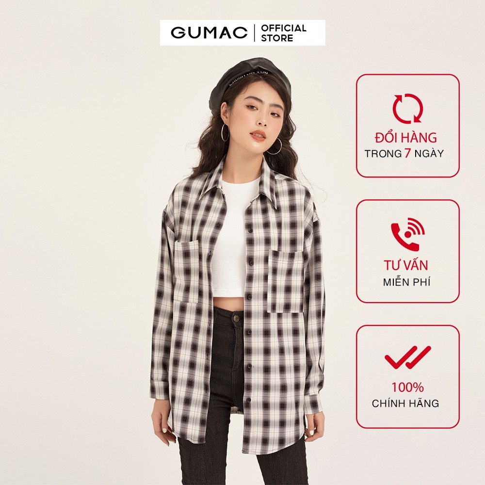 Áo sơm mi nữ caro phom rộng GUMAC đủ màu, thiết kế basic cá tính, AB191