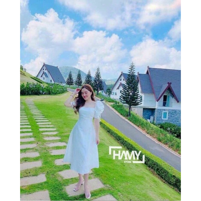 Đầm xòe tay ngắn kết nơ thanh lịch sang trọng