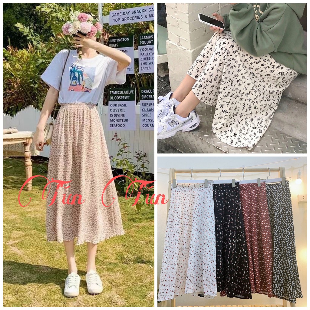 Chân váy dài hoa nhí dáng dài ullzang 2 lớp chân váy dài vintage siêu xinh