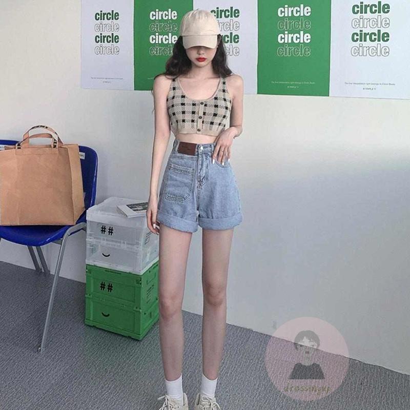 Áo Tank Top Không Tay Hở Lưng Dệt Kim Họa Tiết Sọc Caro Phong Cách Vintage Cho Nữ