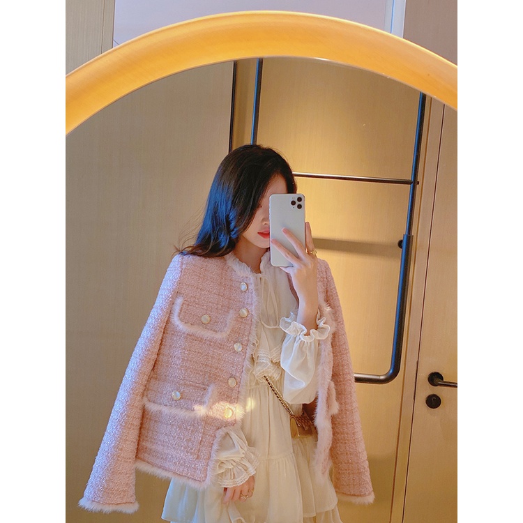 Áo dạ tweed dáng ngắn màu hồng pastel lót trần bông