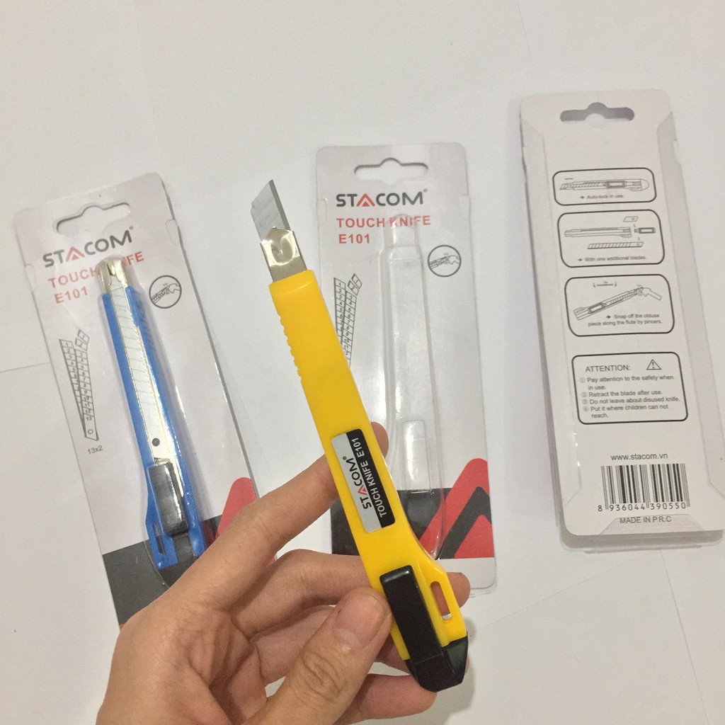 ( 1 Hộp 12 Cái ) Dao Rọc Giấy Stacom Cỡ Nhỏ Kèm 1 Lưỡi Phụ E101
