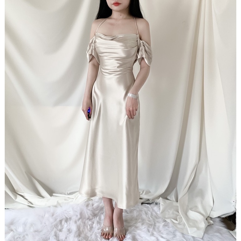 Đầm lụa trễ vai, đổ lưng cao cấp