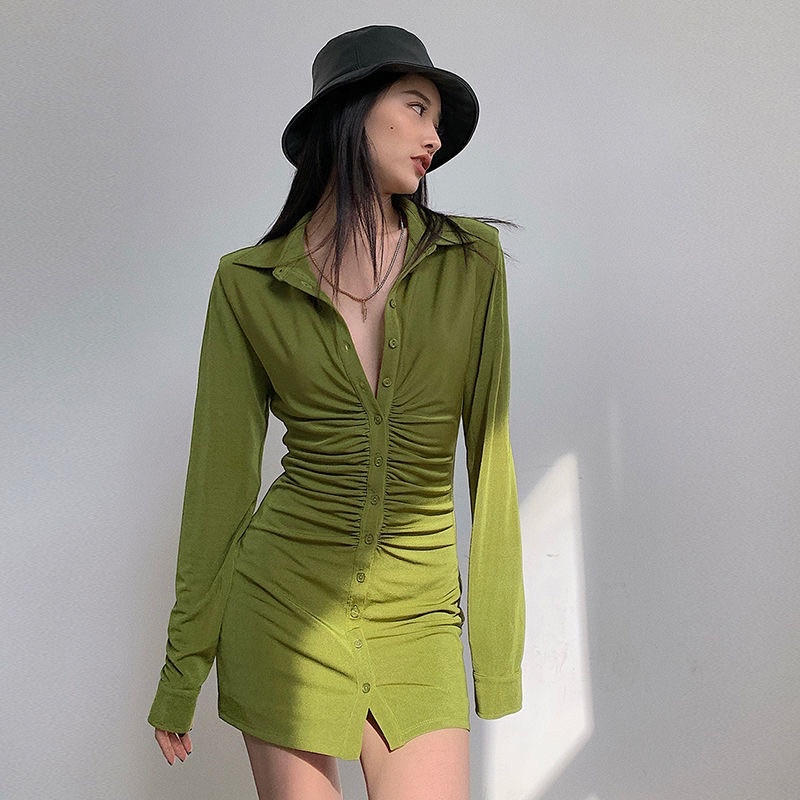 Váy đầm sơ mi body nhún dài tay ôm nữ sang chảnh famos