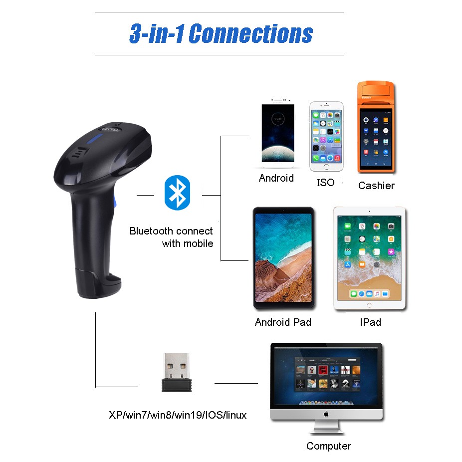 Máy quét mã vạch không dây kết nối Bluetooth/ USB/ Có dây, Đầu đọc Barcode YHD 1100LB 1D dùng trên Điện thoại, Máy tính