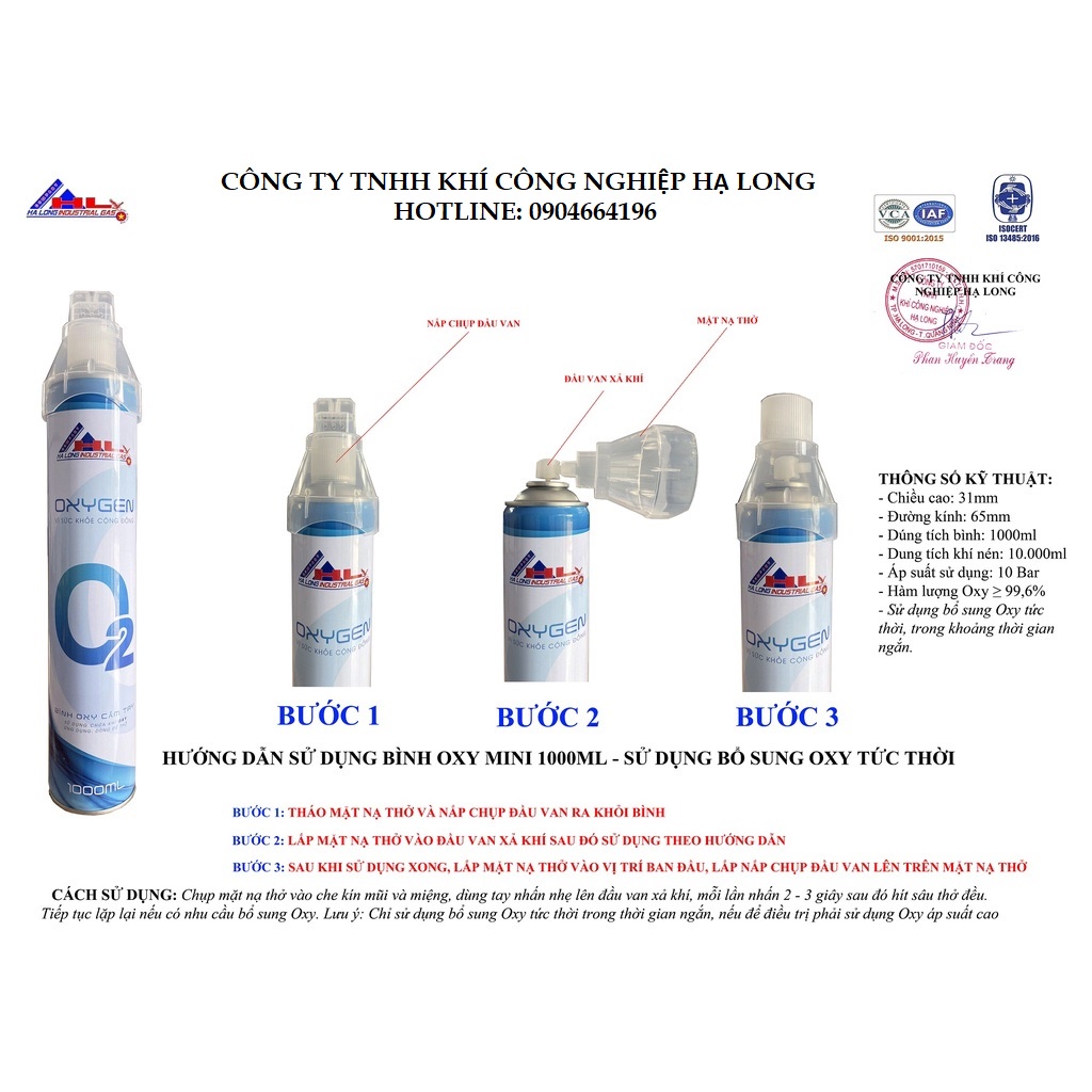 Bình oxy mini cầm tay - Dung tích 10 lít oxi tinh khiết 99.6%