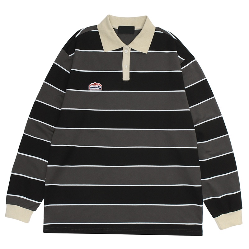 [Hàng Order] Áo Polo sọc đen xám có cổ ULzzang form rộng dài tay dày dặn Unisex mới nhất thu đông 2021 PL012 | BigBuy360 - bigbuy360.vn