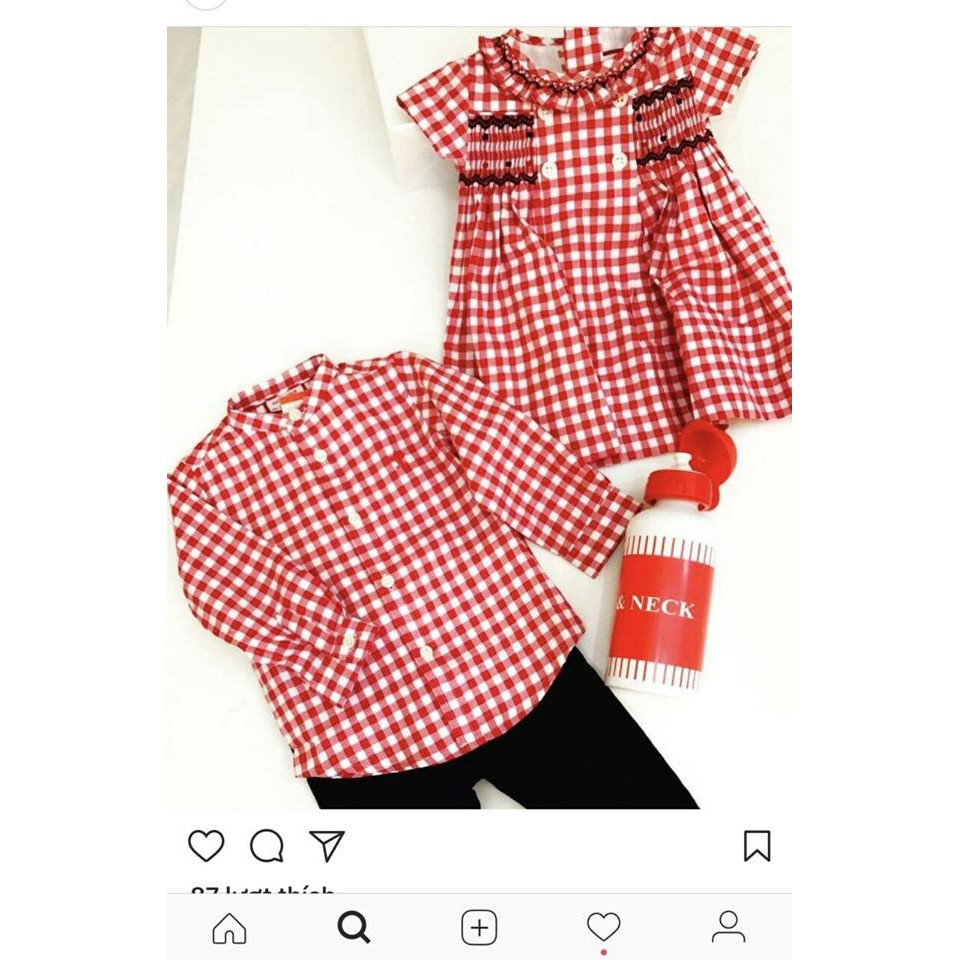 Set sơ mi và đầm kẻ đỏ