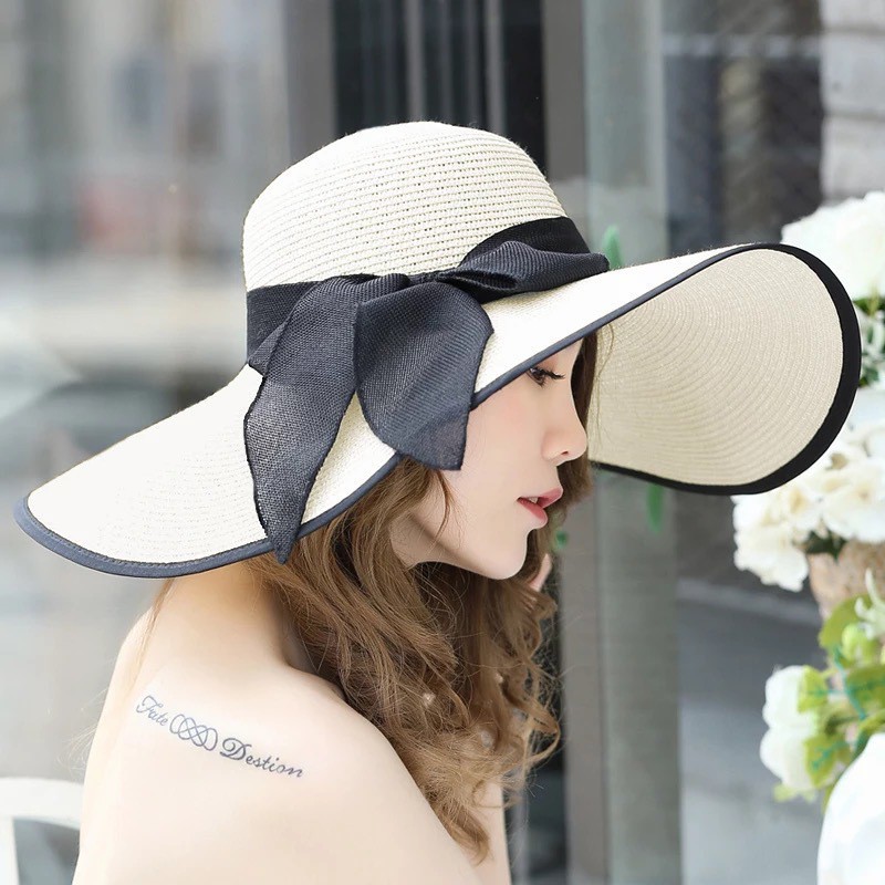 [Ảnh thật] Mũ cói mềm đi biển, nón cói nữ vành rộng phối nơ sau phong cách vintage chống nắng