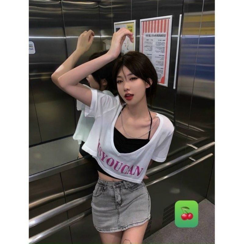 Sét áo cổ tim Croptop (gồm áo ngoài &amp; áo yếm bên trong) A15