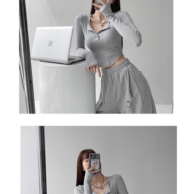 ÁO CROPTOP LAI BẦU TRỤ NÚT TAY DÀI SỎ NGÓN CHẤT ĐẸP