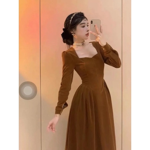 Váy nhung dáng dài xoè sang chảnh | Hàng có sẵn
