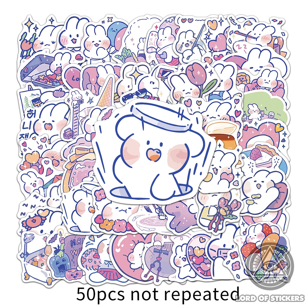 Set 50 Nhãn Dán Sticker Mini Hoạt Hình Thỏ Trắng Đáng Yêu Cute Chống Thấm Nước Trang Trí Bình Nước, Điện Thoại, Máy Tính