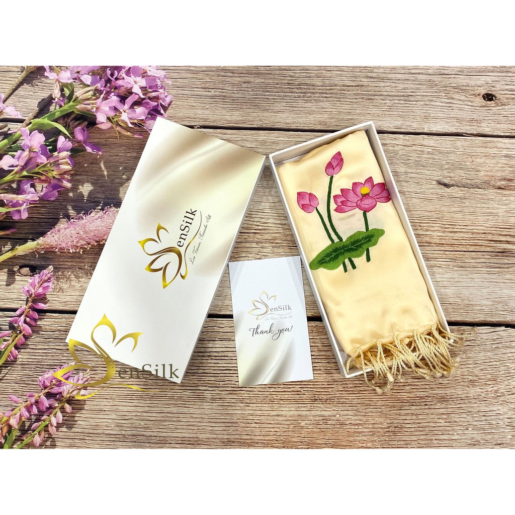 Khăn Lụa Cao Cấp SenSilk Thêu Tay Sen Việt 200x55cm, Quà Cho Người Nước Ngoài