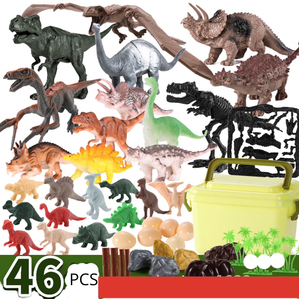 Bộ sưu tập đồ chơi khủng long 52 món CÓ HỘP ĐỰNG, mô hình động vật 58 chi tiết con vật cho bé